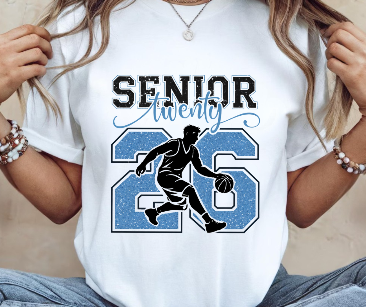 Senior 2026 Basketball Shirt | Glitter Numbers with Player Silhouette | DTF Sweatshirt for Seniors