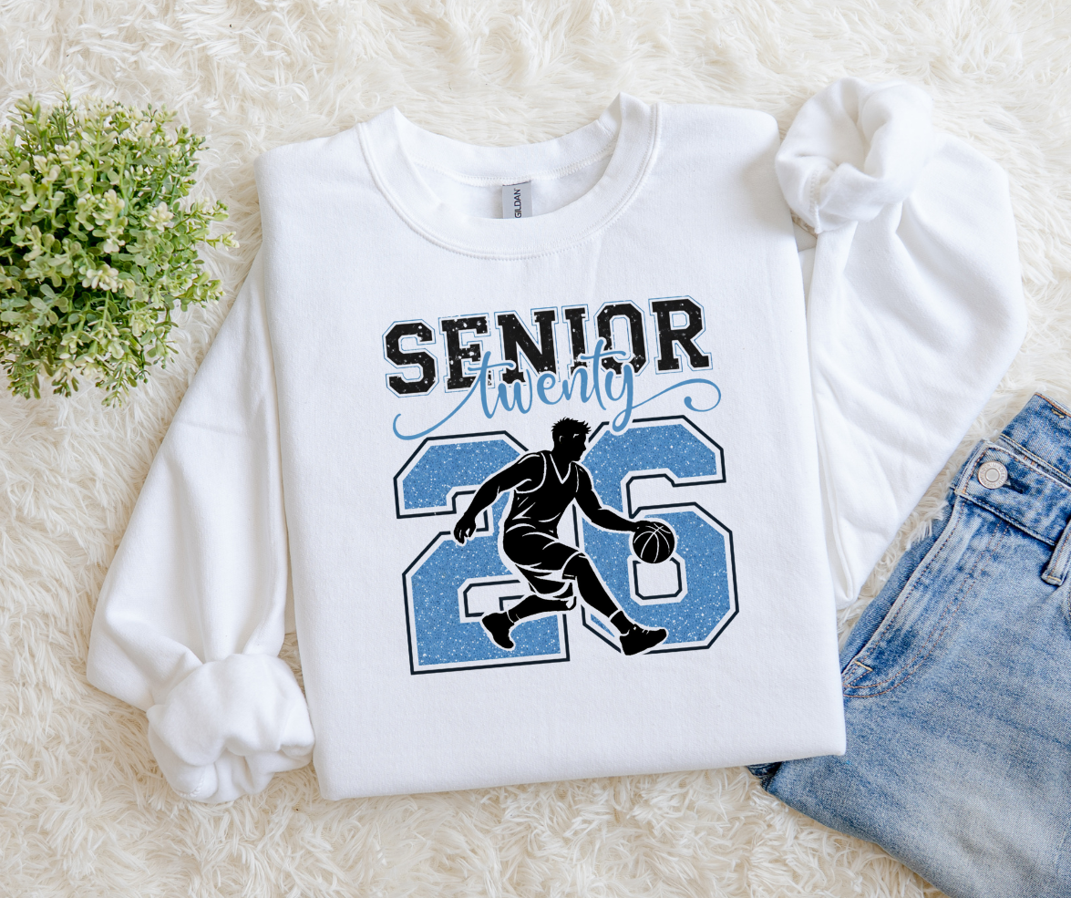 Senior 2026 Basketball Shirt | Glitter Numbers with Player Silhouette | DTF Sweatshirt for Seniors