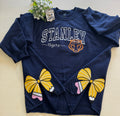 Stanley Tigers Embroidered Appliqué Sweatshirt | Navy School Spirit Crewneck with Tiger & pencil/eraser side bow Details