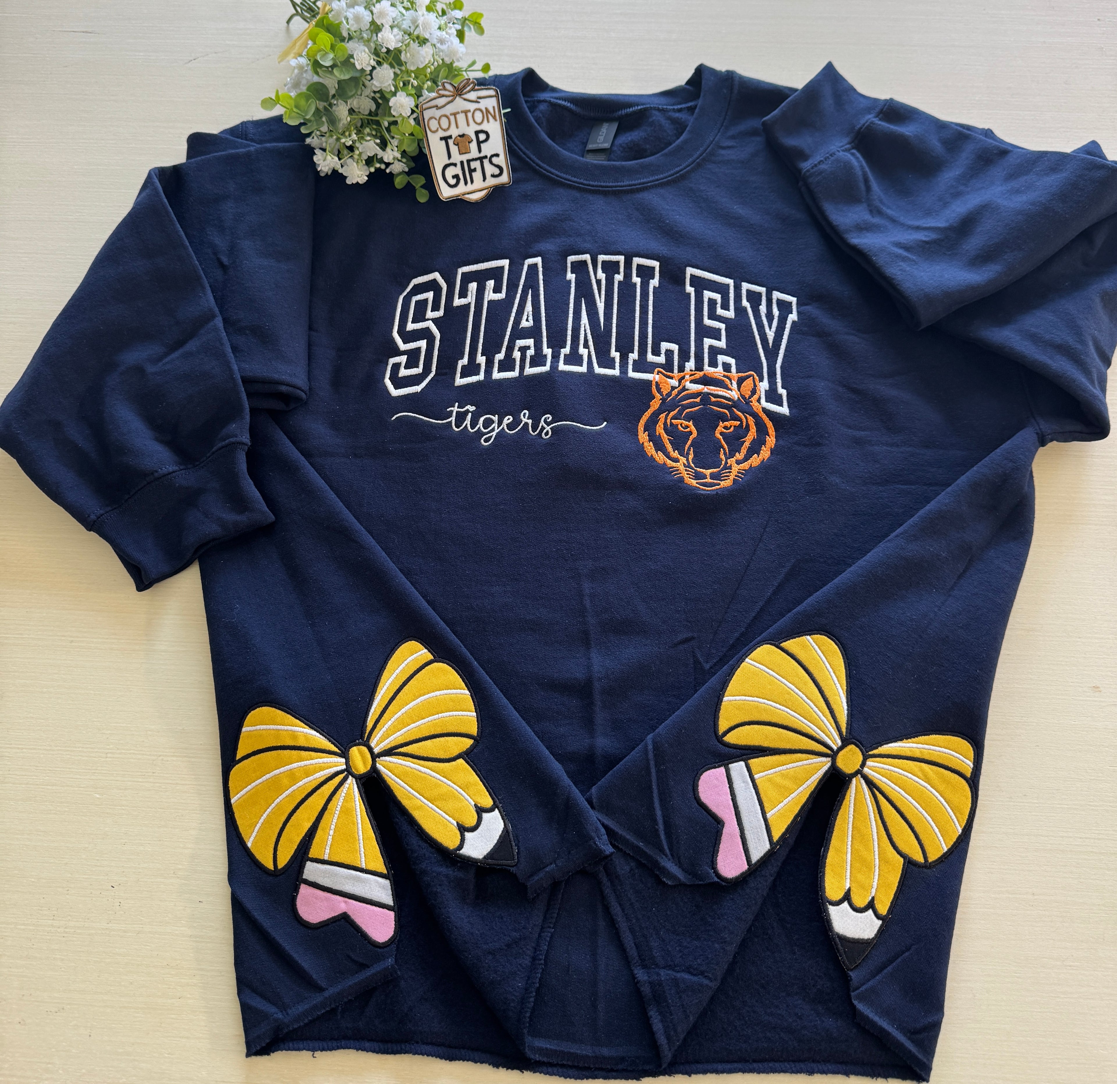 Stanley Tigers Embroidered Appliqué Sweatshirt | Navy School Spirit Crewneck with Tiger & pencil/eraser side bow Details