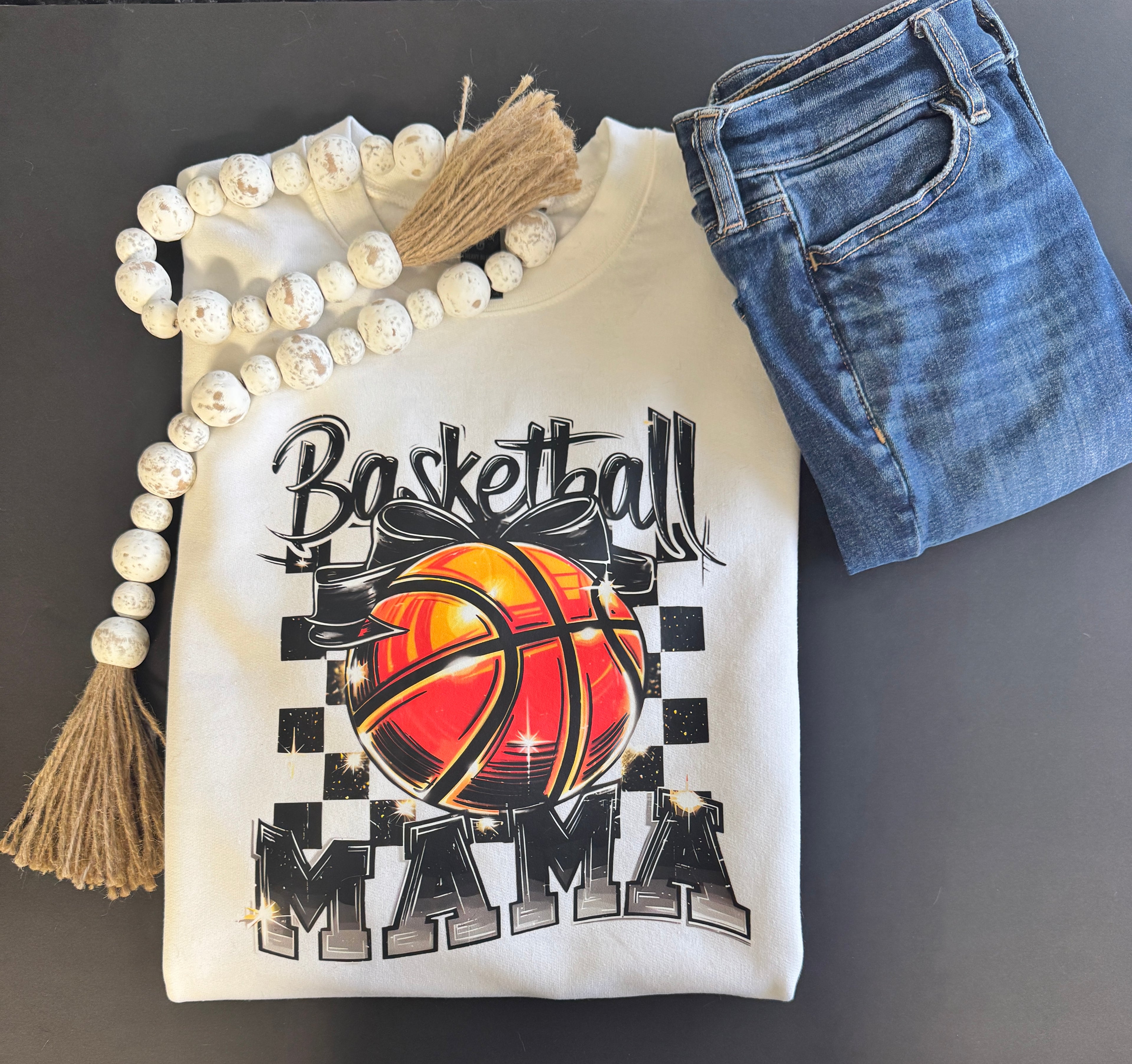Basketball Mama Sweatshirt | Bold Sports Graphic with Basketball & Bow | Game Day Crewneck